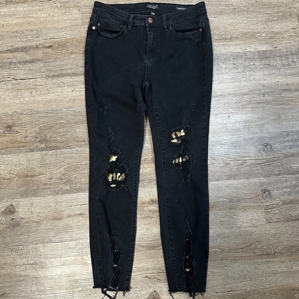Judy Blue Black Distressed Skinny Jeans with Gold Patch Detail